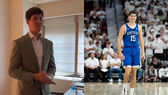 WATCH: Kentucky star Reed Sheppard shows off sage green suit and diamond tennis bracelet for 2024 NBA draft