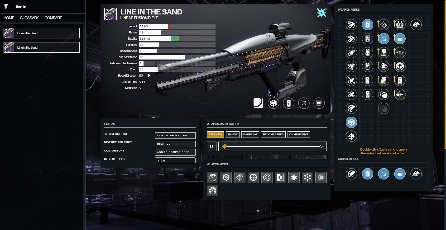 Line in the Sand PvP god roll (Image via D2Gunsmith)