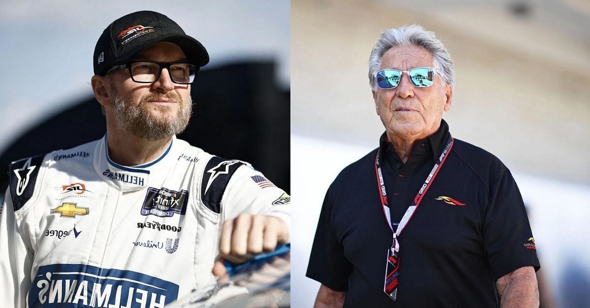 Mario Andretti (R) hints at his NASCAR entry to Dale Earnhardt Jr. (L) (Image: Getty)