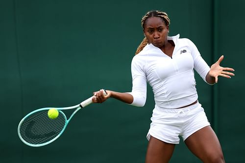 Coco Gauff practices ahead of the 2024 Wimbledon Championships