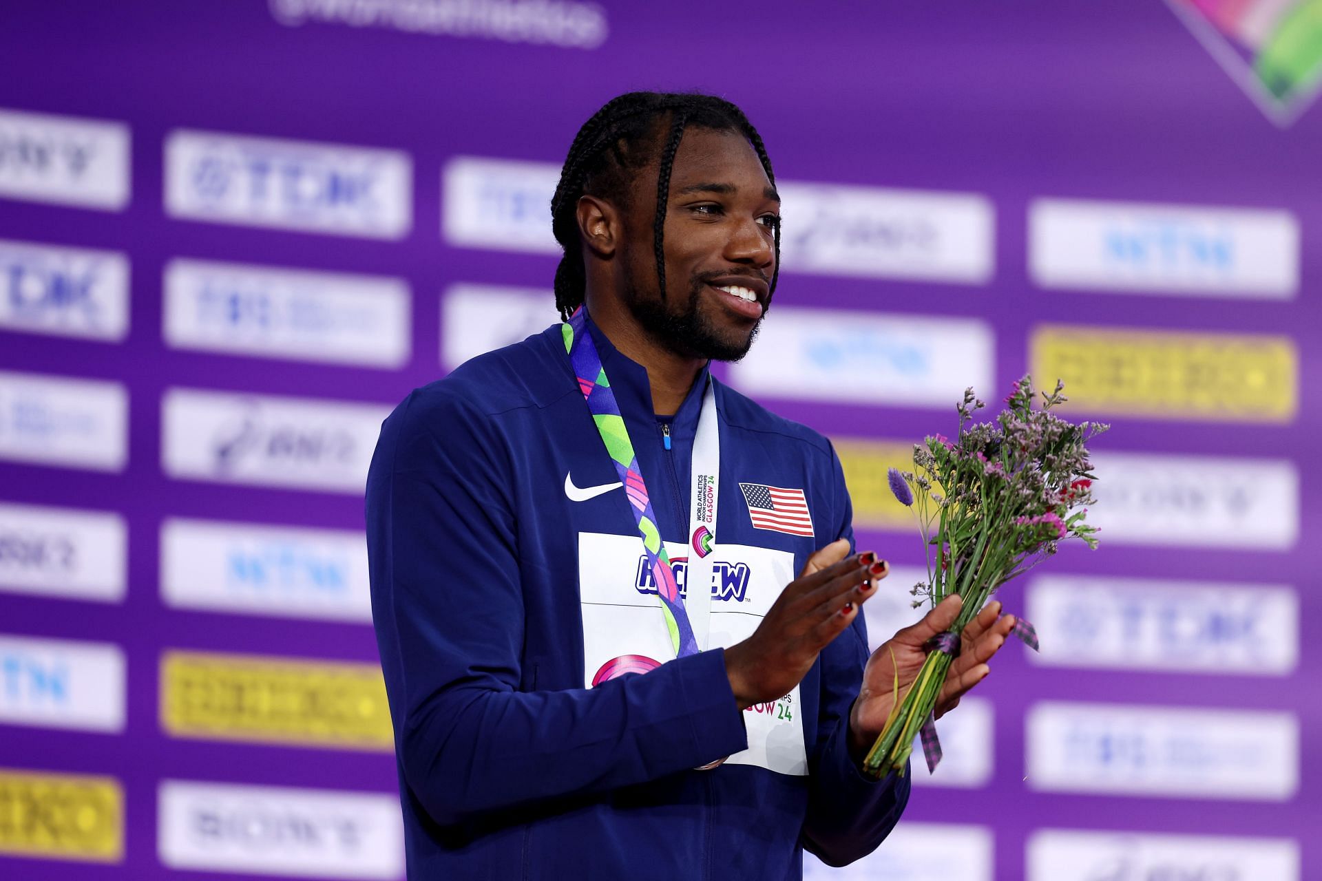 Noah Lyles of Team United States during the medal ceremony for the Men&#039;s 60 Metres Final on Day Two of the World Athletics Indoor Championships Glasgow 2024 at Emirates Arena on March 02, 2024 in Glasgow, Scotland. (Photo by Alex Pantling/Getty Images)