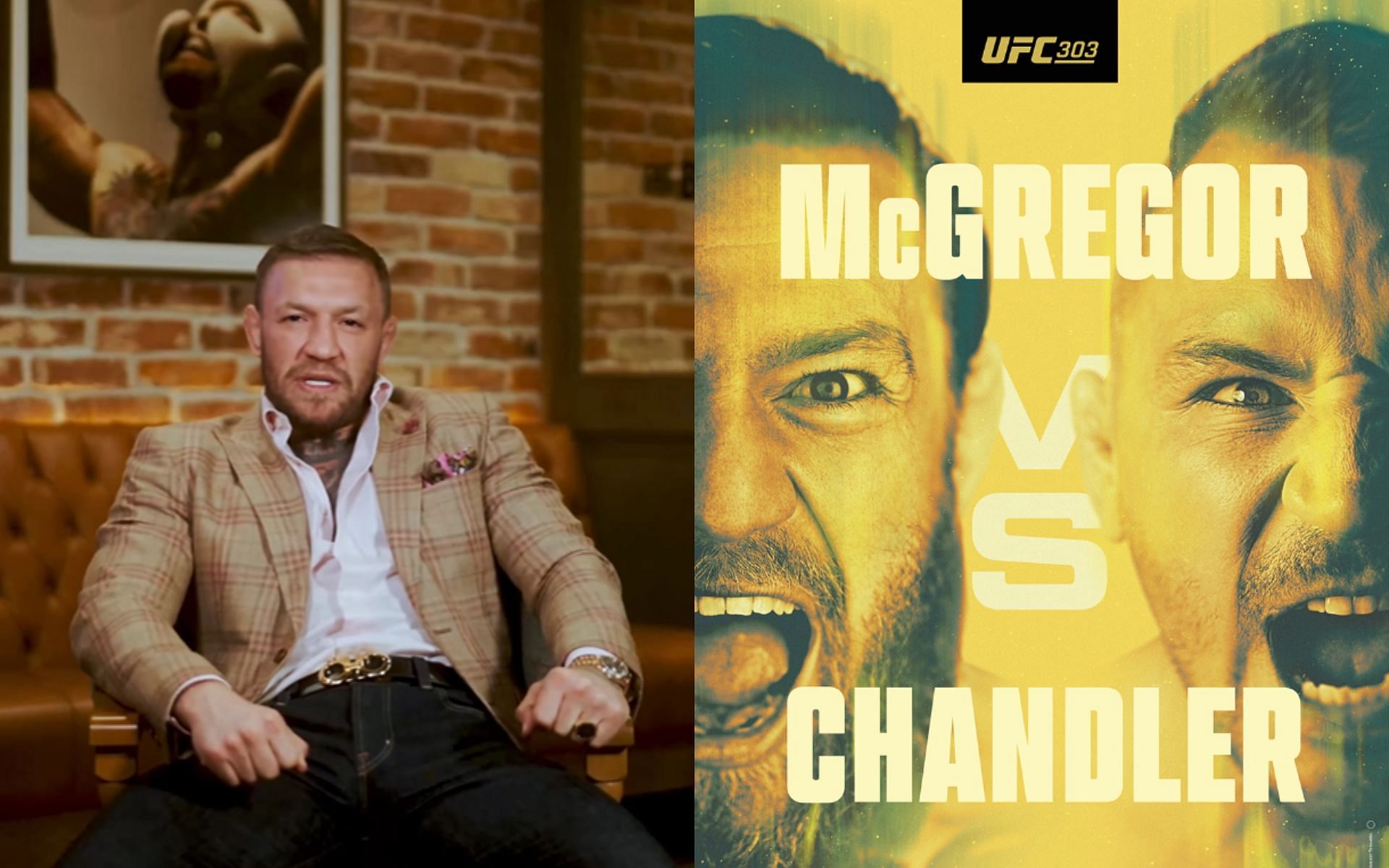 Conor McGregor (left) apologizes for the postponement of the UFC 303 press conference (right). [Image credit: the UFC and Conor McGregor
