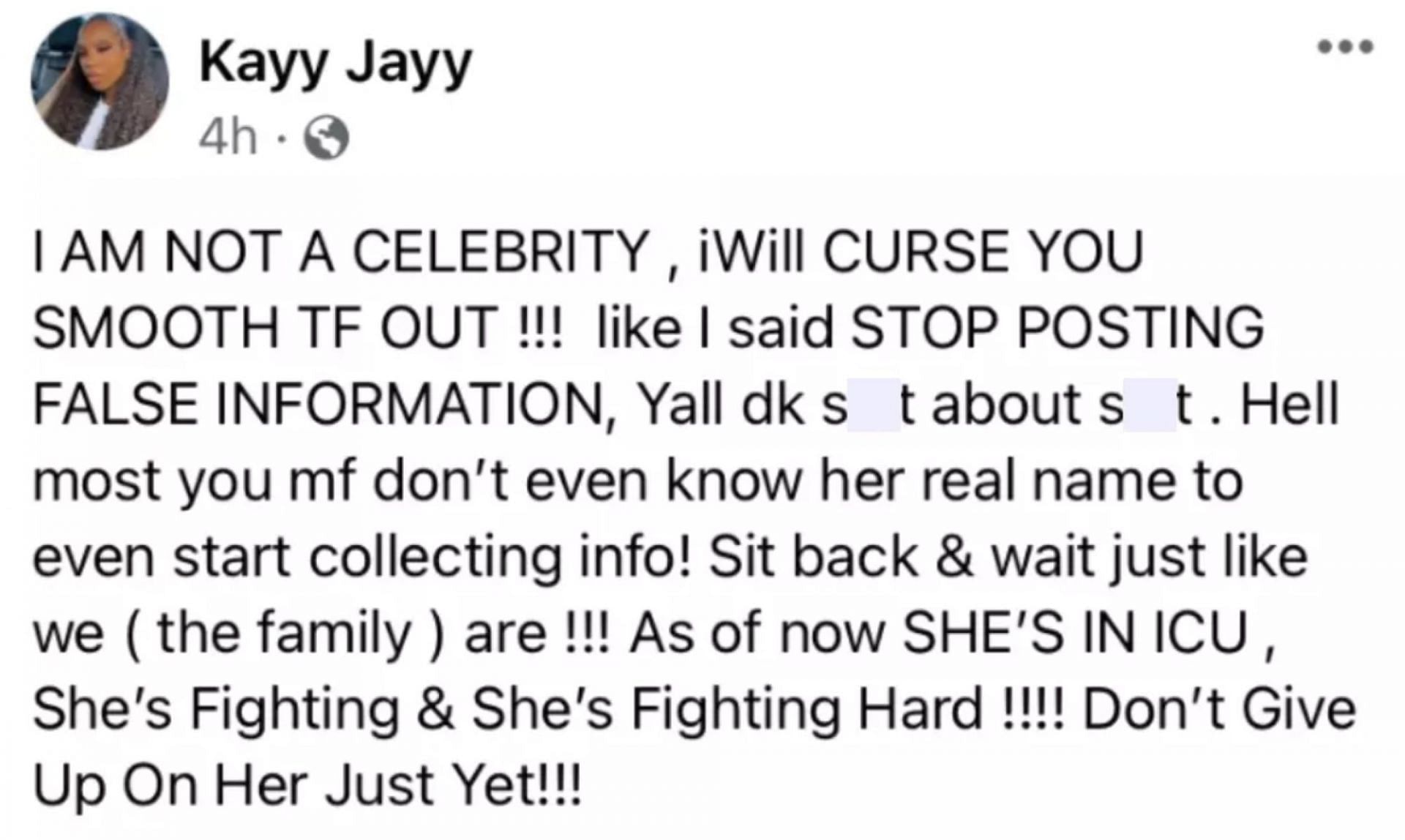 The singer&#039;s sister took to Facebook to initially debunk false death claims (Image via Kayy Jayy/Facebook)