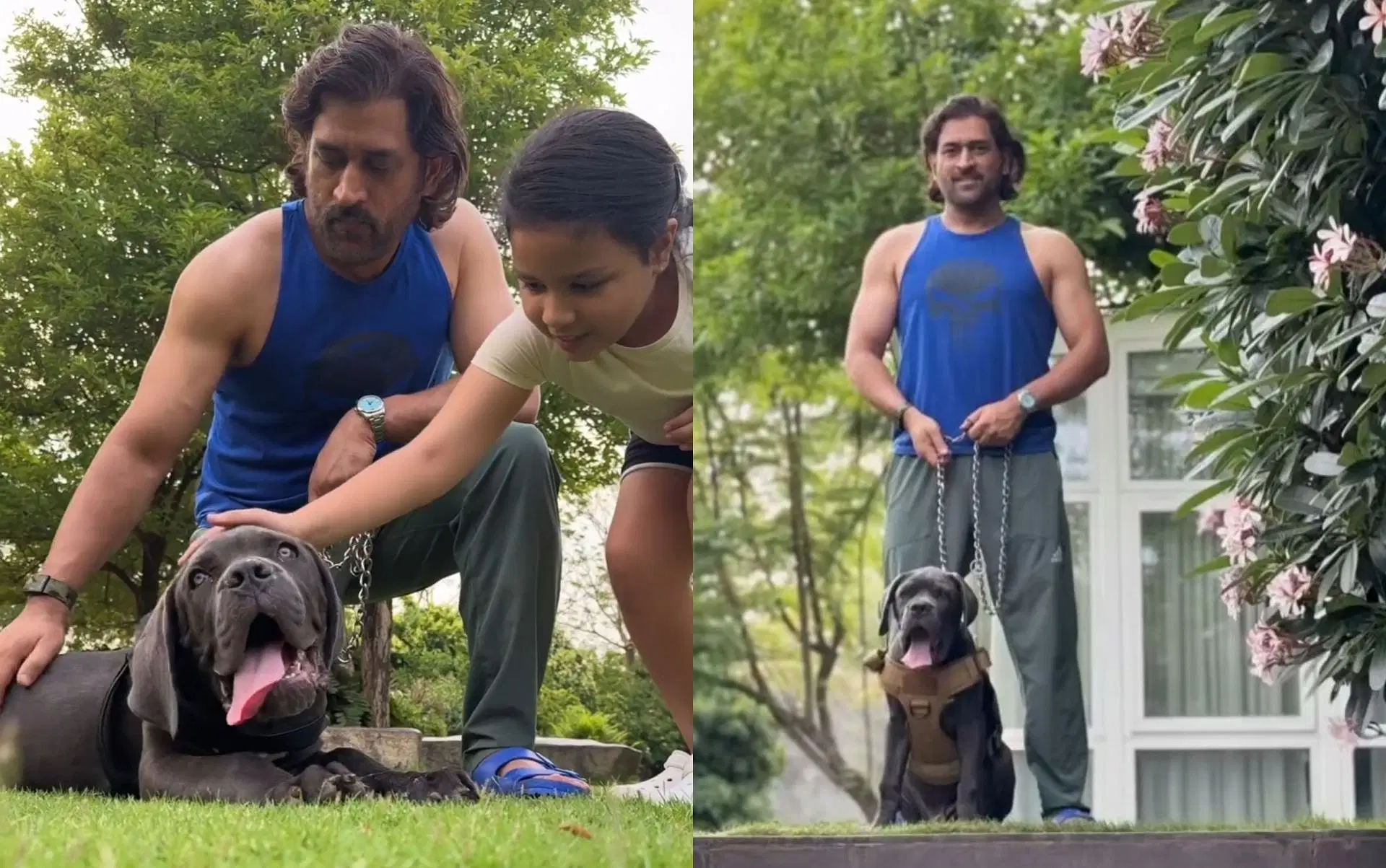 MS Dhoni with his daughter in a garden. (Ziva Singh Dhoni/Instagram)