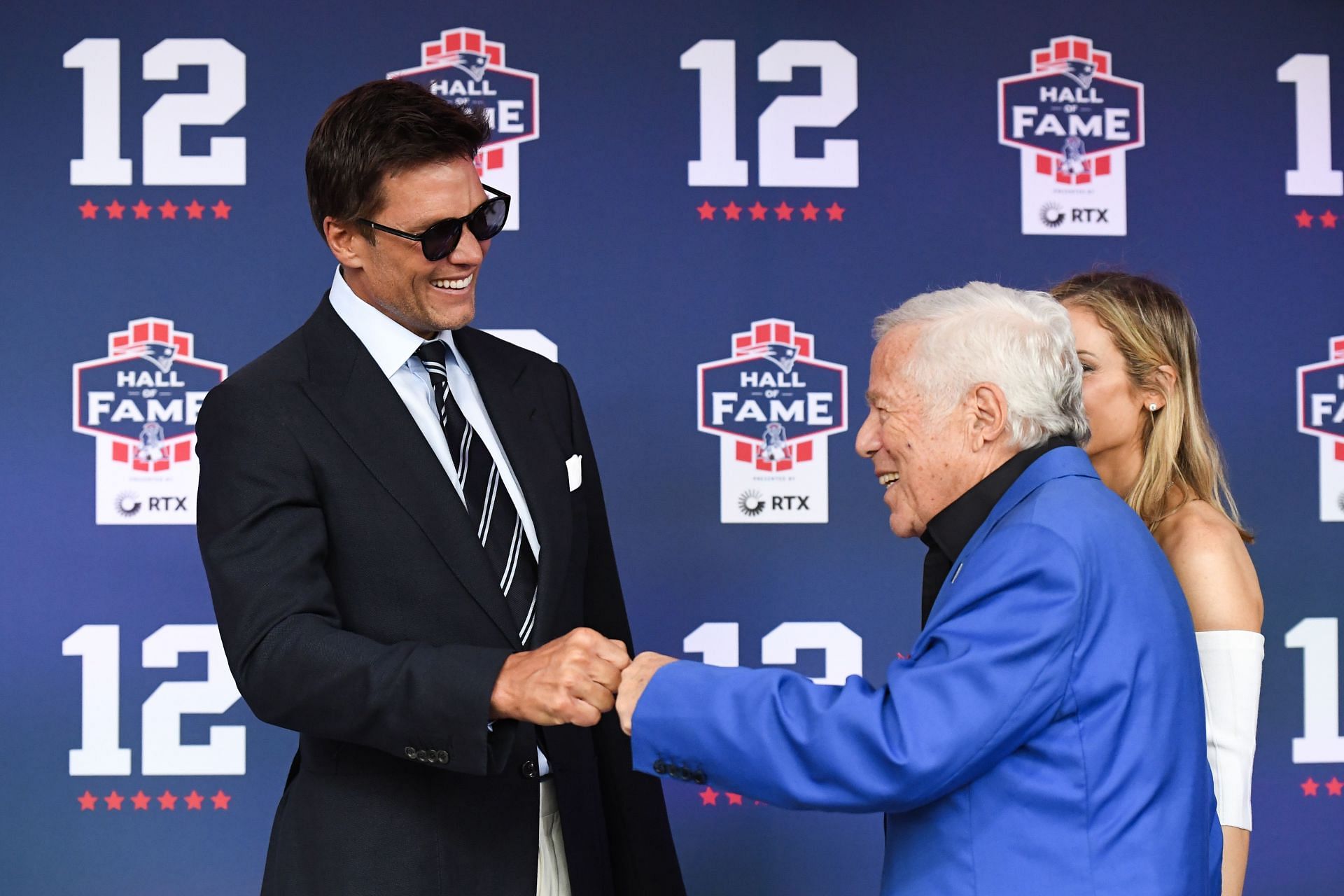 Tom Brady (left), Robert Kraft  (right) during the 2024 Hall of Fame Induction Ceremony for Tom Brady