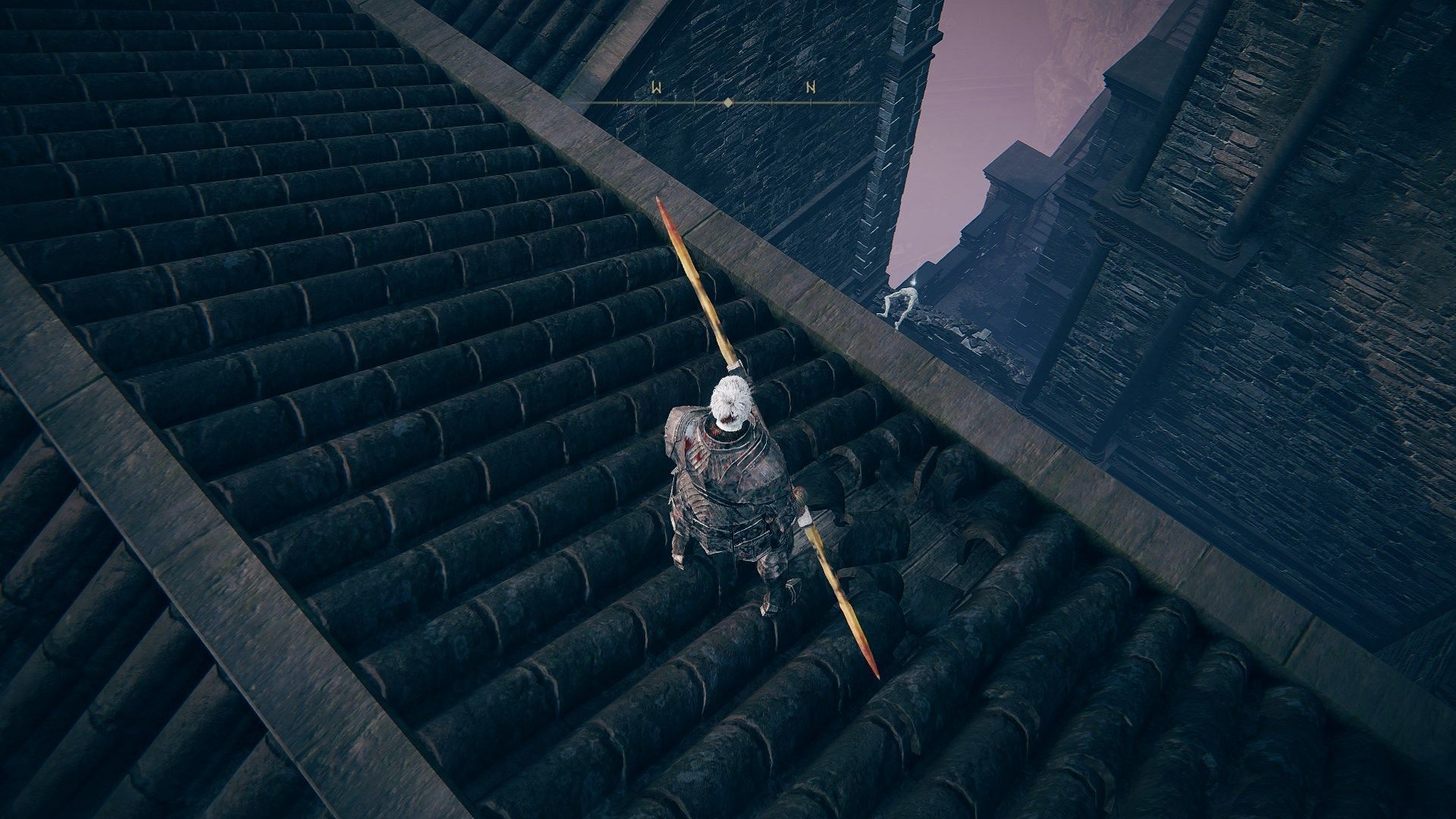 Jump down from the rooftop&#039;s north side to find the Glintblade Trio sorcery (Image via FromSoftware)