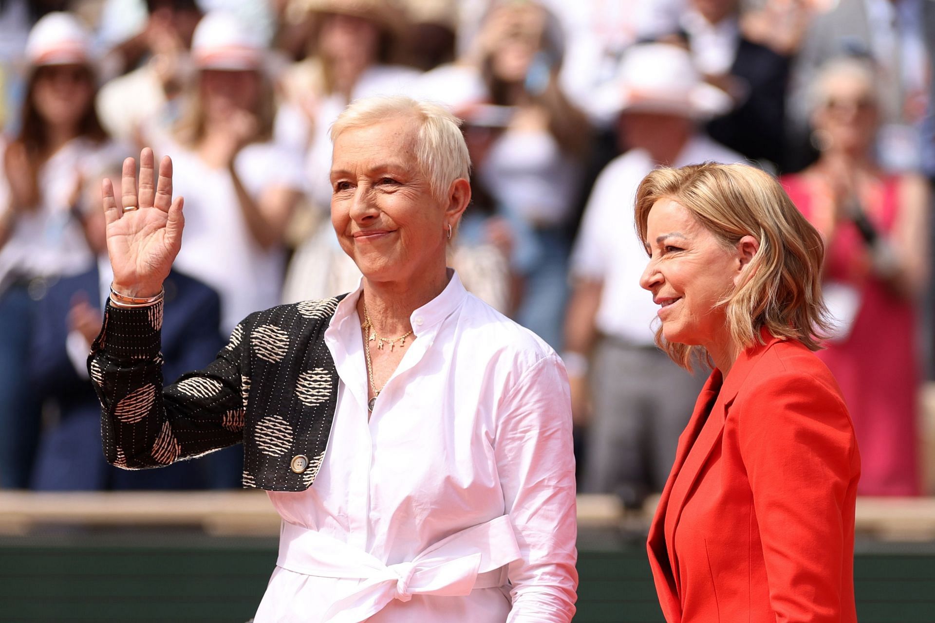 Martina Navratilova (L) and Chris Evert pictured at the 2024 French Open 
