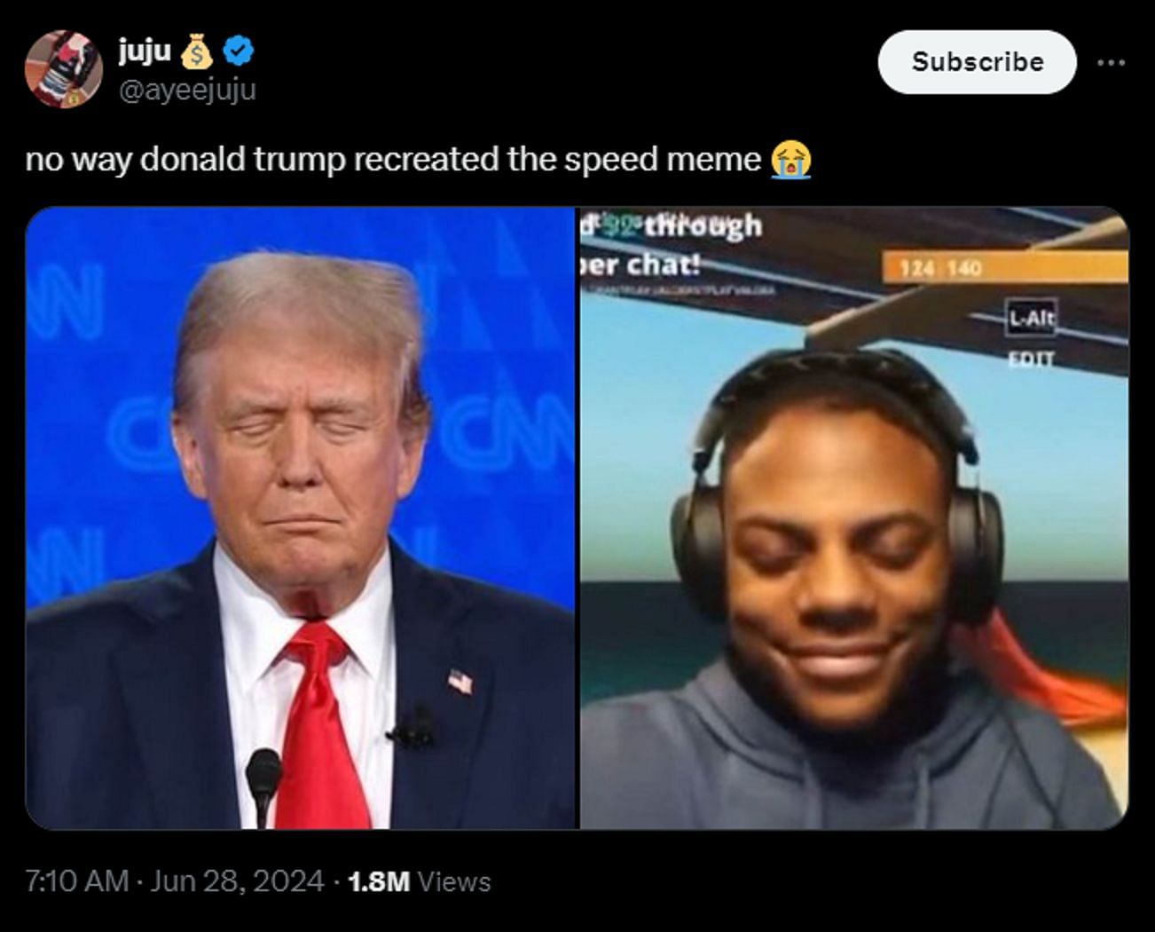 Fans compare Donald Trump&#039;s somber expression with that of the YouTuber (Image via X)