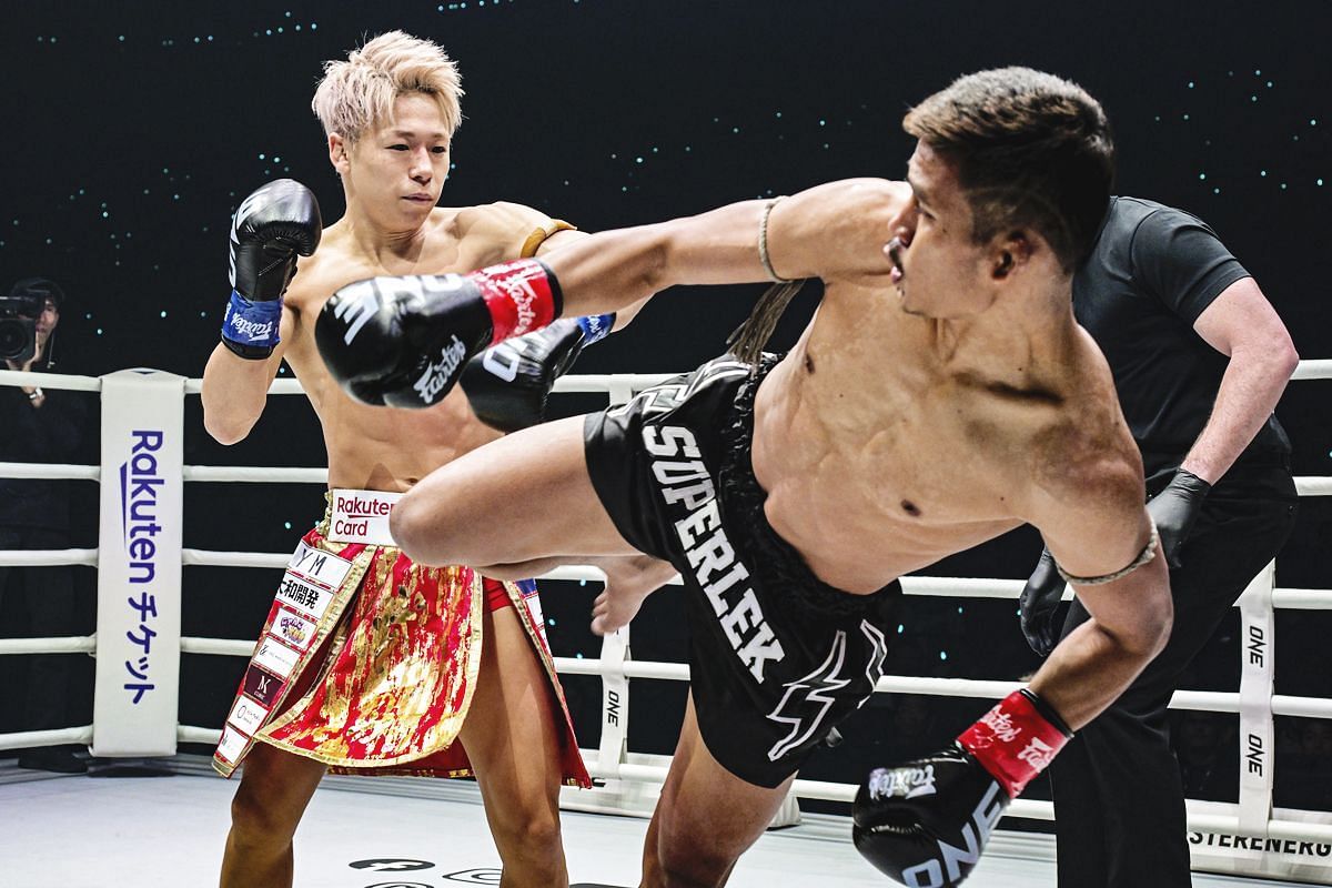 Superlek firing a kick against Takeru at ONE 165. [Photo via: ONE Championship]