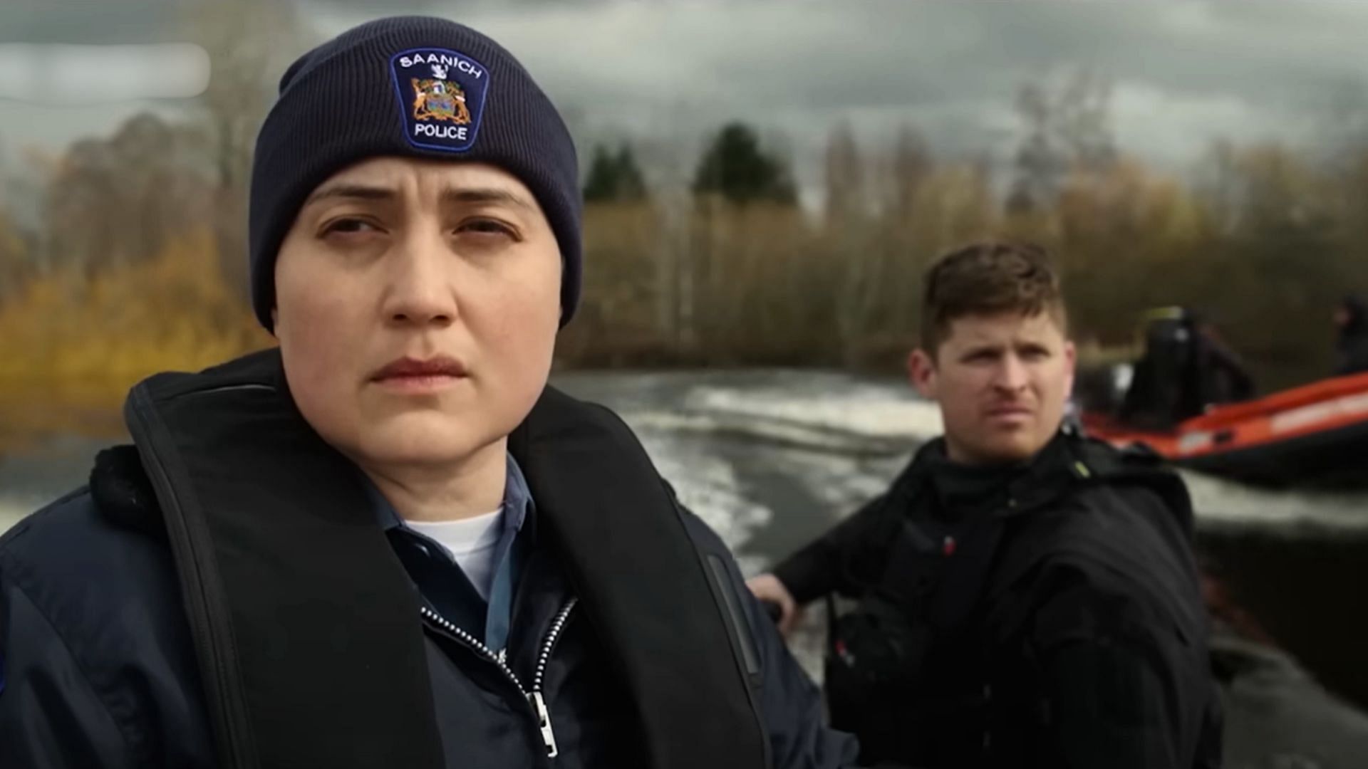 A scene showing Cam with a Saanich Police cap (Image via Hulu)