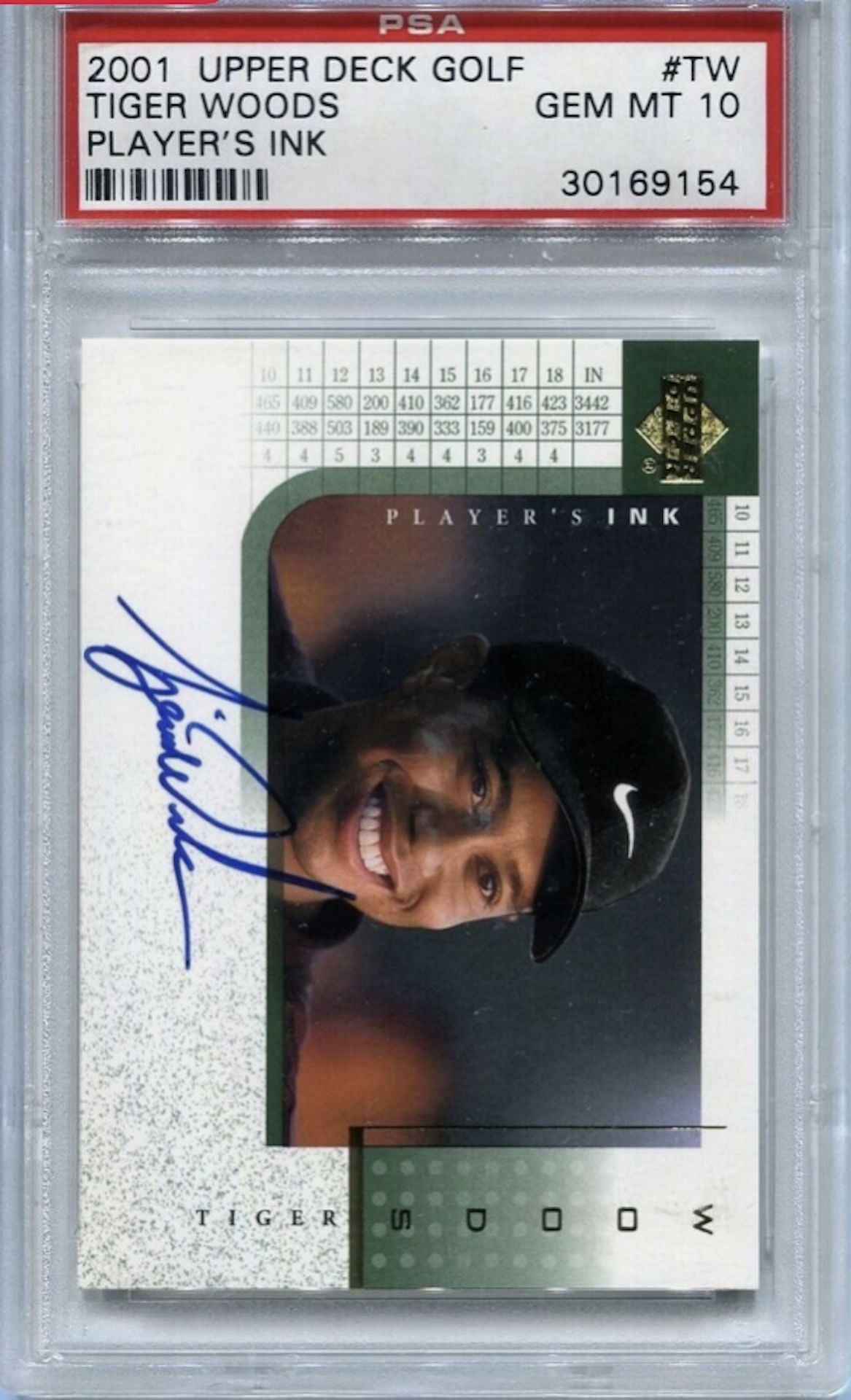 2001 Upper Deck Player&#039;s Ink #TW Tiger Woods ROOKIE YEAR RC PSA 10 GEM MT (Image via ebay.com)
