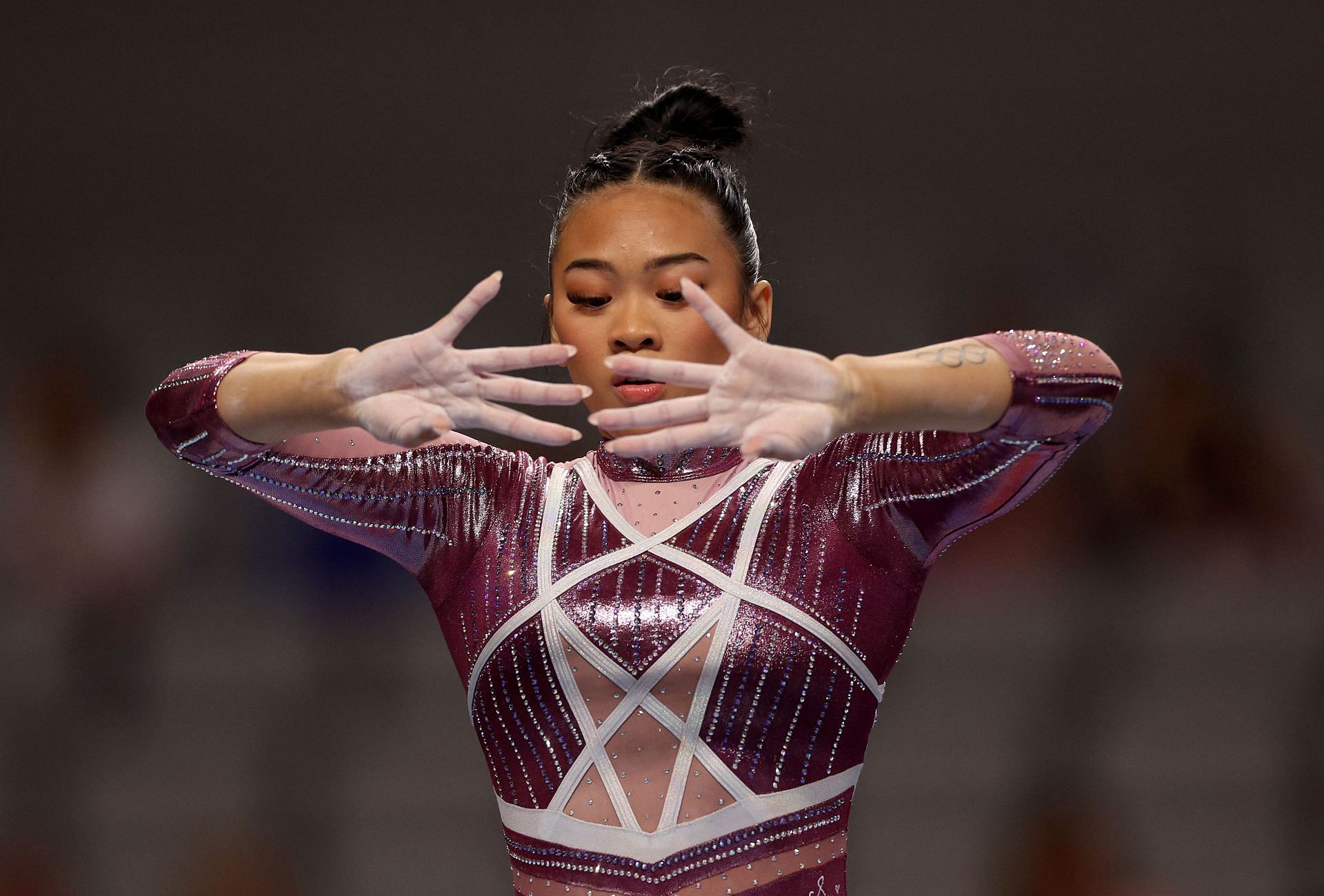 Suni Lee competes on the balance beam during the 2024 Xfinity U.S. Gymnastics Championships (Photo by Elsa/Getty Images)
