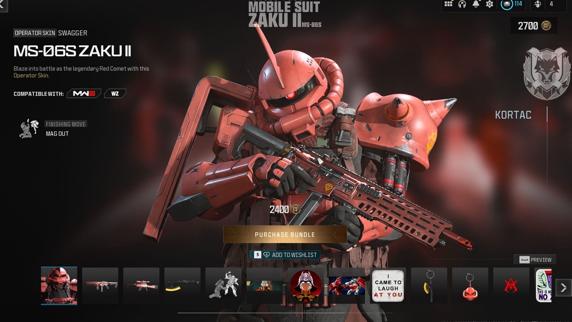 Tracer Pack Mobile Suit Zaku II MS - 06S in Warzone and MW3 store (Image via Activision)