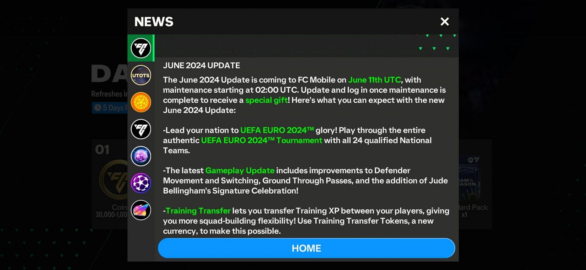 EA Sports FC Mobile scheduled maintenance message for June 2024 update (Image via EA Sports)