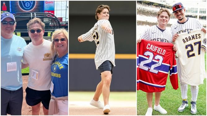 In Photos: Cole Caufield throws first pitch in Milwaukee Brewers game in presence of his parents Kelly & Paul