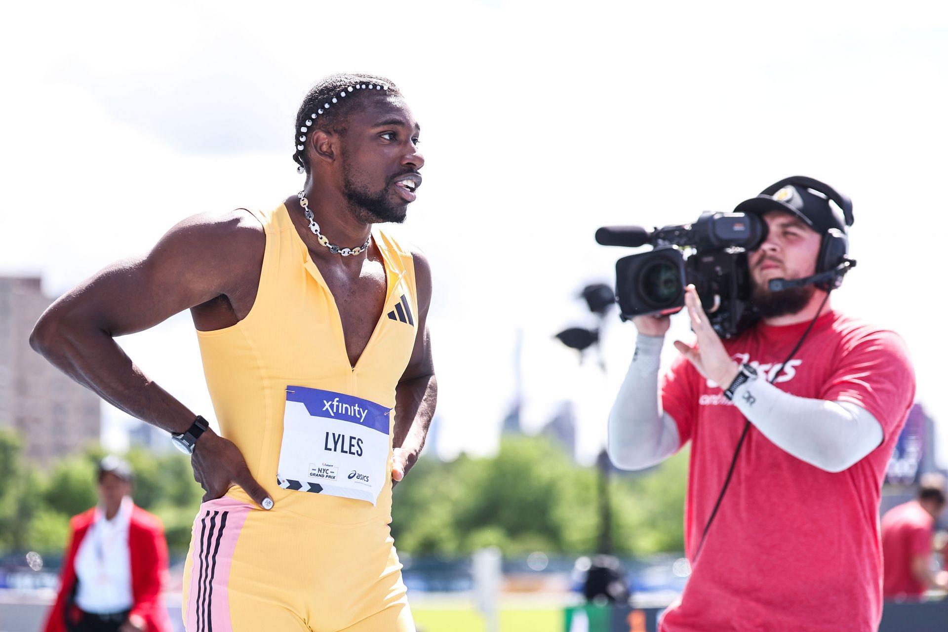 Noah Lyles of the United States looks on after winning the men&#039;s 200m during the 2024 USATF NYC Grand Prix at Icahn Stadium on June 09, 2024, in New York City.