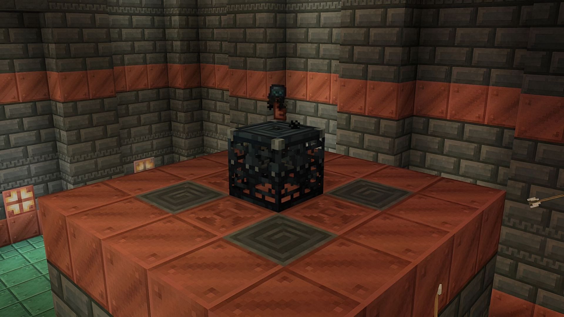 A trial key is dispensed by a trial spawner in Minecraft 1.21 (Image via Mojang)