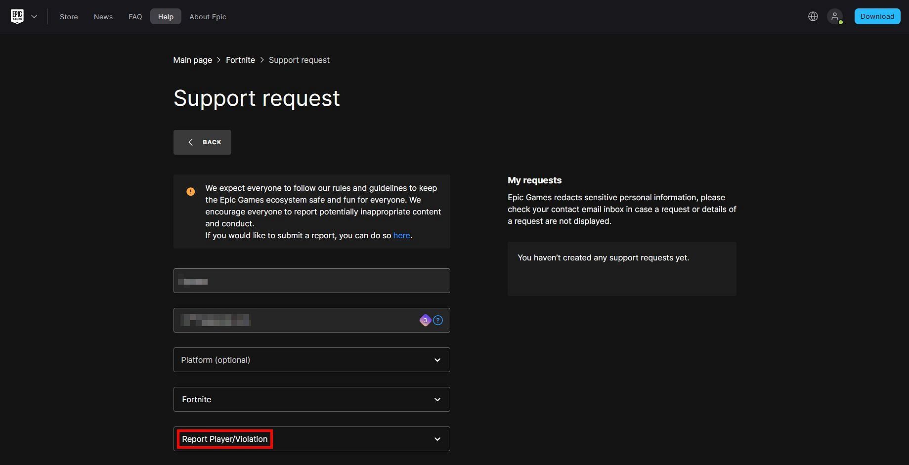 Epic Games contact form (Image via Epic Games)