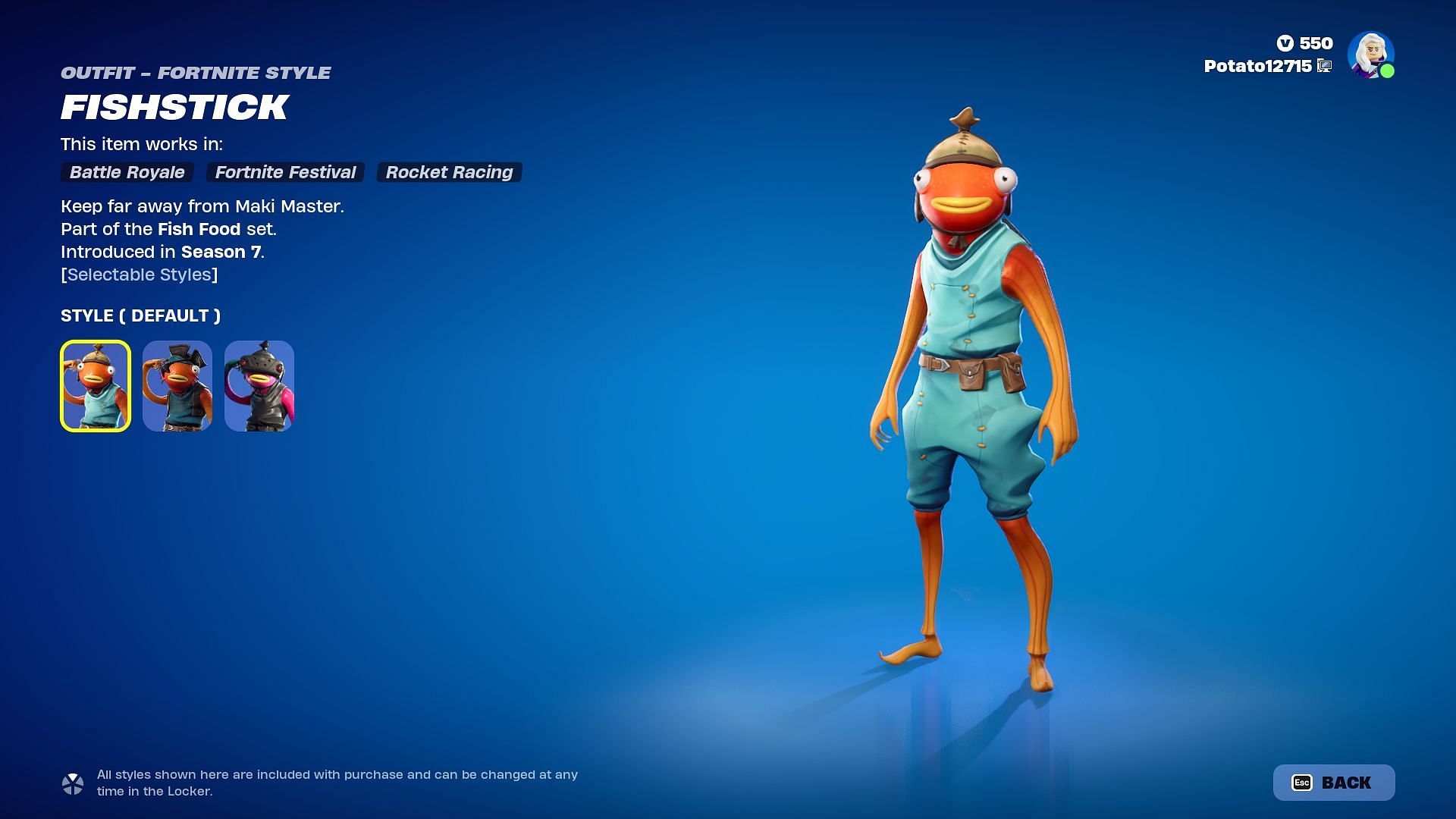 The Fishstick skin in Fortnite will remain listed until June 20, 2024 (Image via Epic Games)