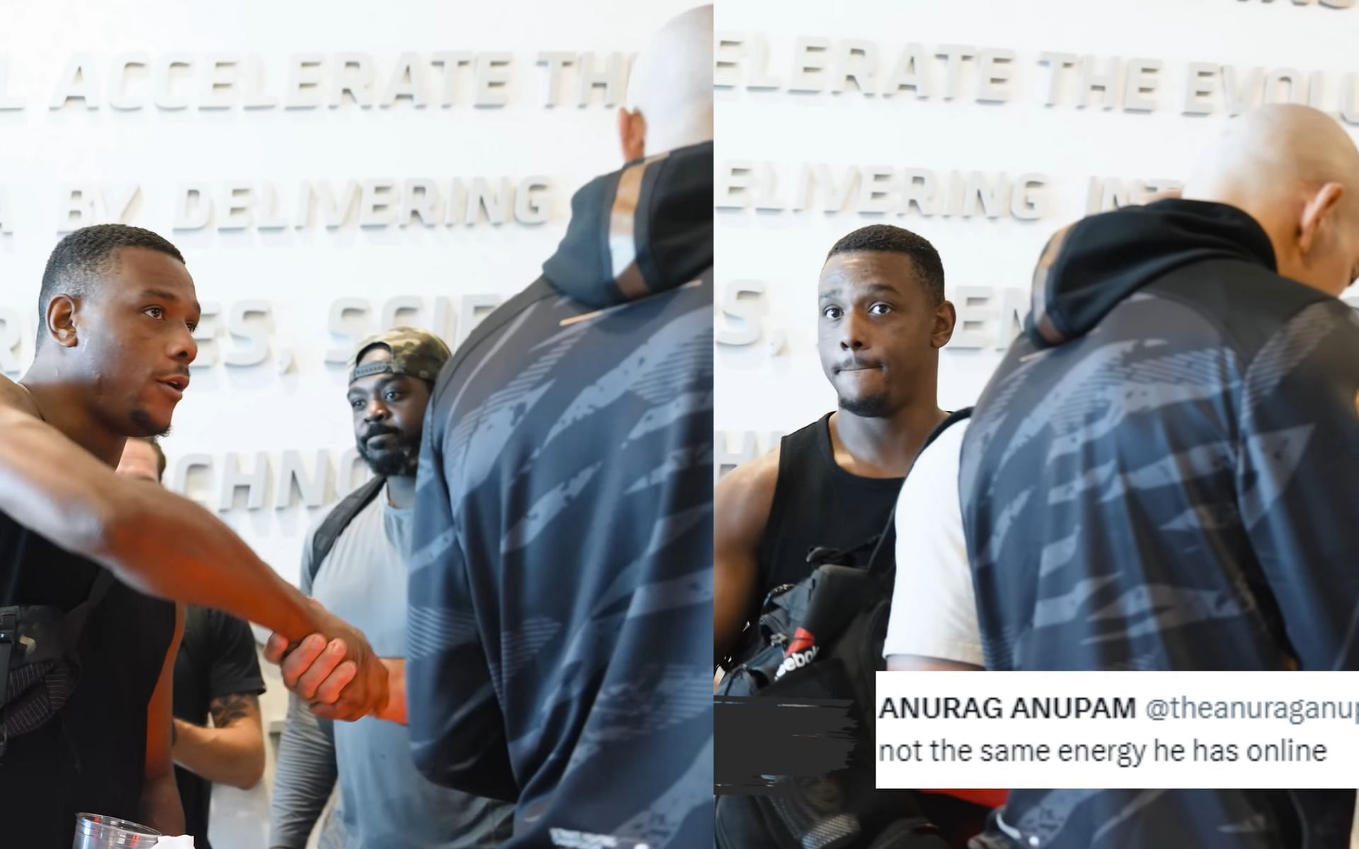 Jamahal Hill and Alex Pereira (left and right) shake hands at the UFC Performance Institute [Images courtesy: @alexpoatanpereira on YouTube]