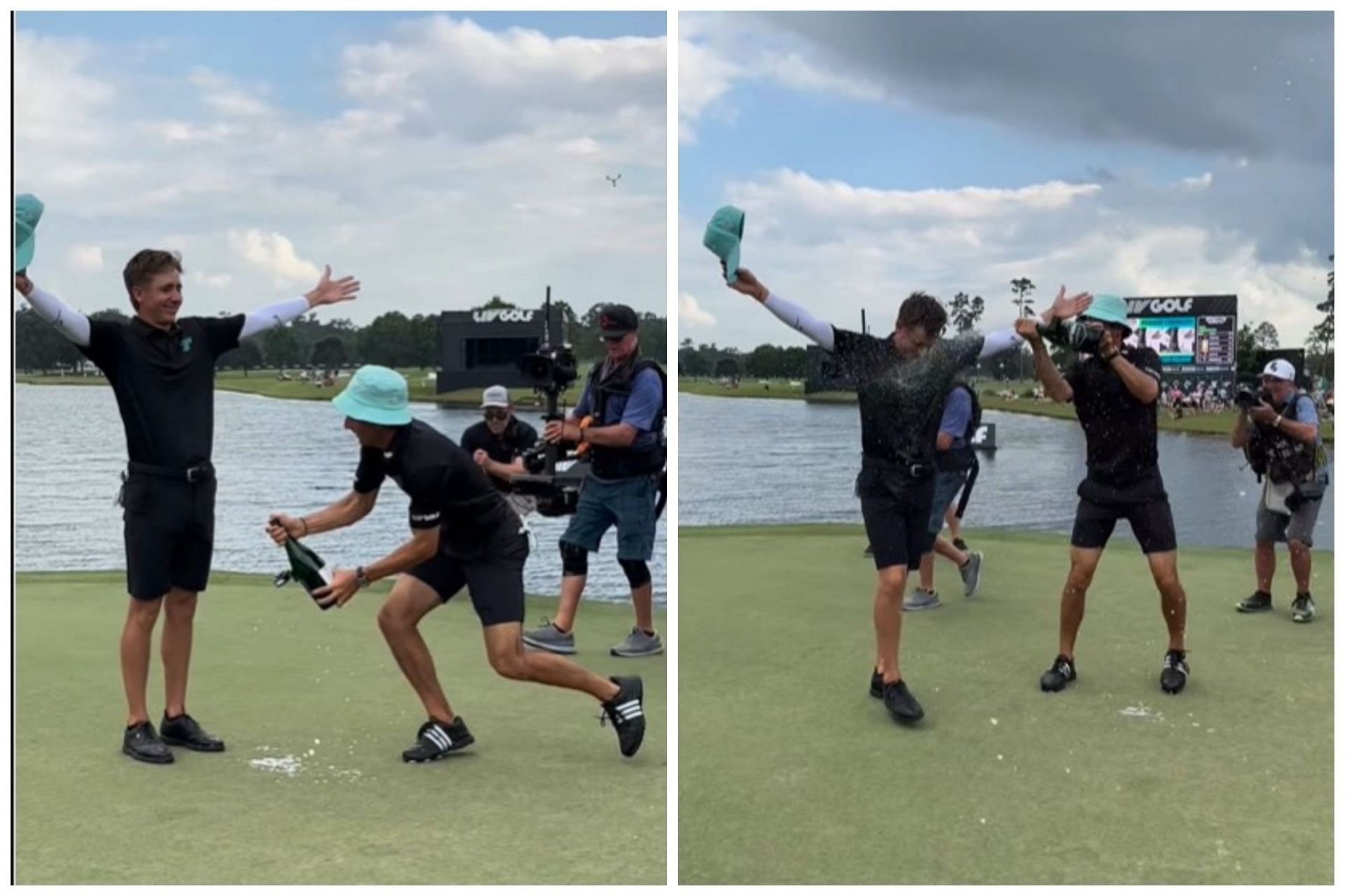 Joaquin Niemann gives a champagne shower to Carlos Ortiz after latter wins the LIV Golf Houston (Stills via Instagram.com/ivgolf_league)