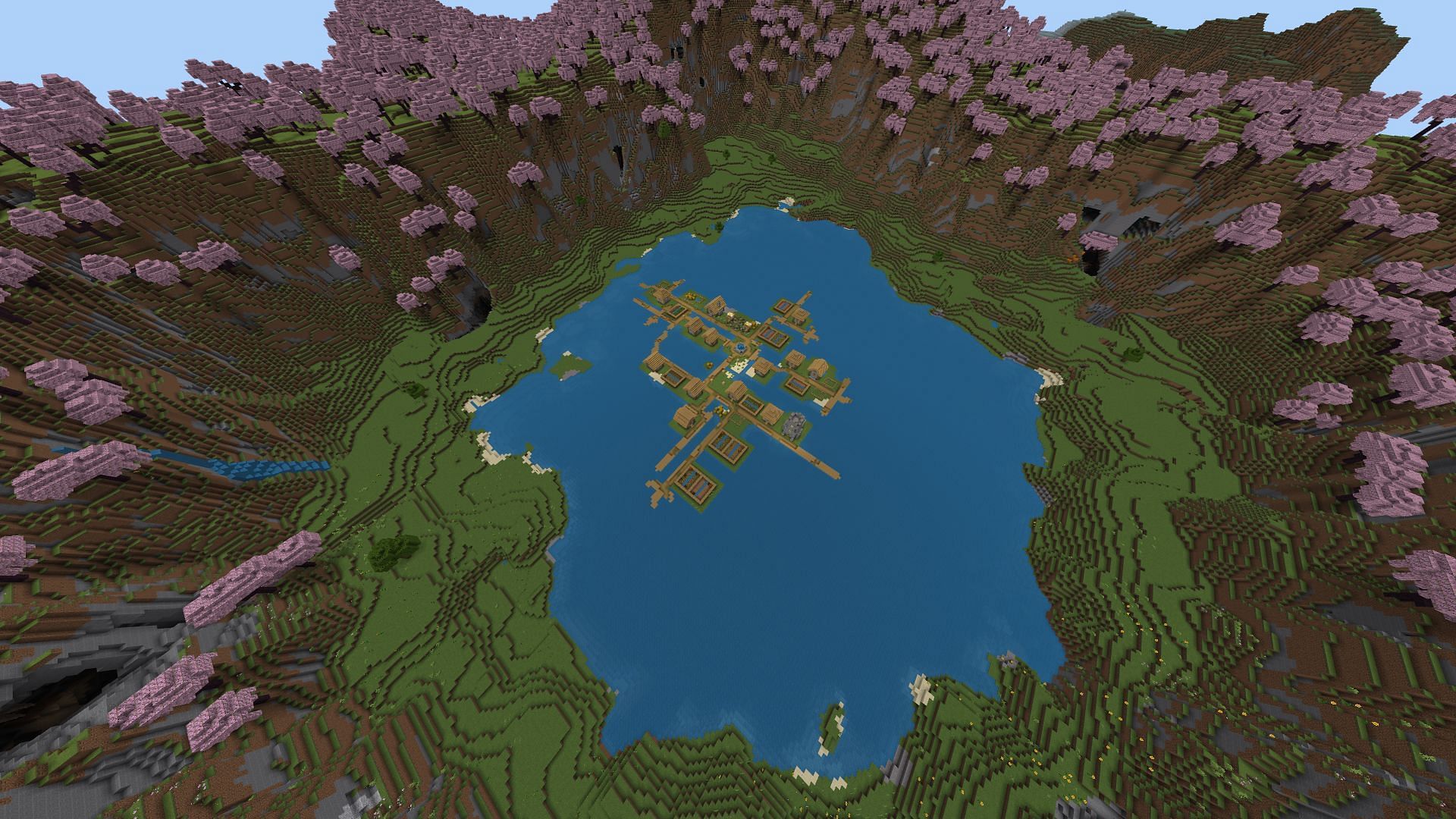 This Minecraft seed provides an excellent spawn area complete with a floating village (Image via u/YourLocalKnight/Reddit)