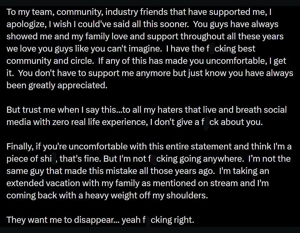 The streamer&#039;s statement (Image via @DrDisRespect/X)