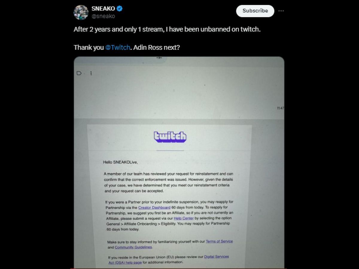 Nico reveals being unbanned on Twitch (Image via X)