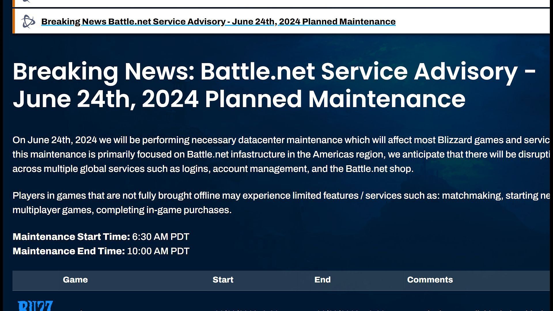 Battle.net June 24 downtime blog (Image via Activision)