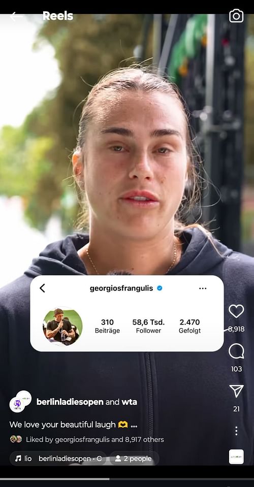 Aryna Sabalenka's favorite Instagram account is her boyfriend's. (Source: Instagram @berlinladiesopen)