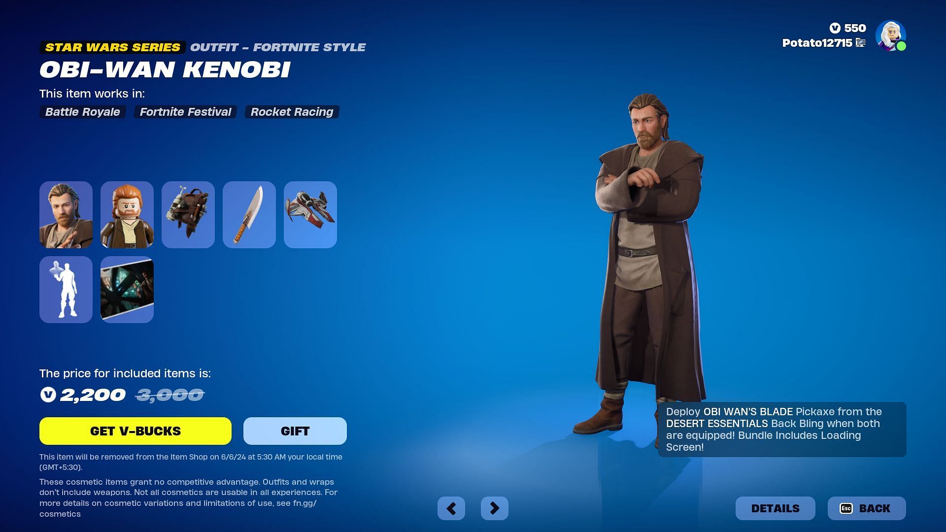 Obi-Wan Kenobi skin in Fortnite will be listed until June 6, 2024 (Image via Epic Games)