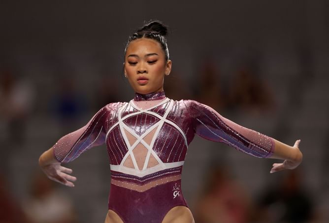 Suni Lee trains on uneven bars after the U.S. Gymnastics Championships with the Olympic trials in foresight