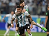 Messi and Rojo celebrating after the latter's 86th minute winner against Nigeria in the 2018 FIFA World Cup