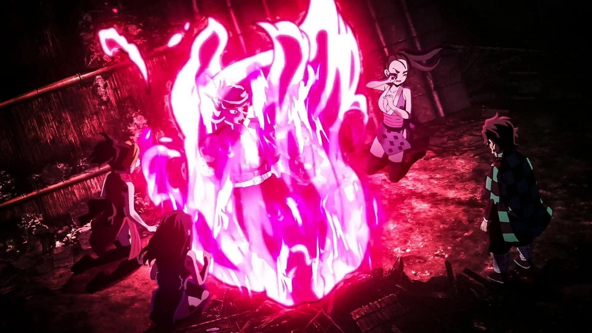 Nezuko uses her Blood Demon Art to save Uzui Tengen (Image via Studio Ufotable)