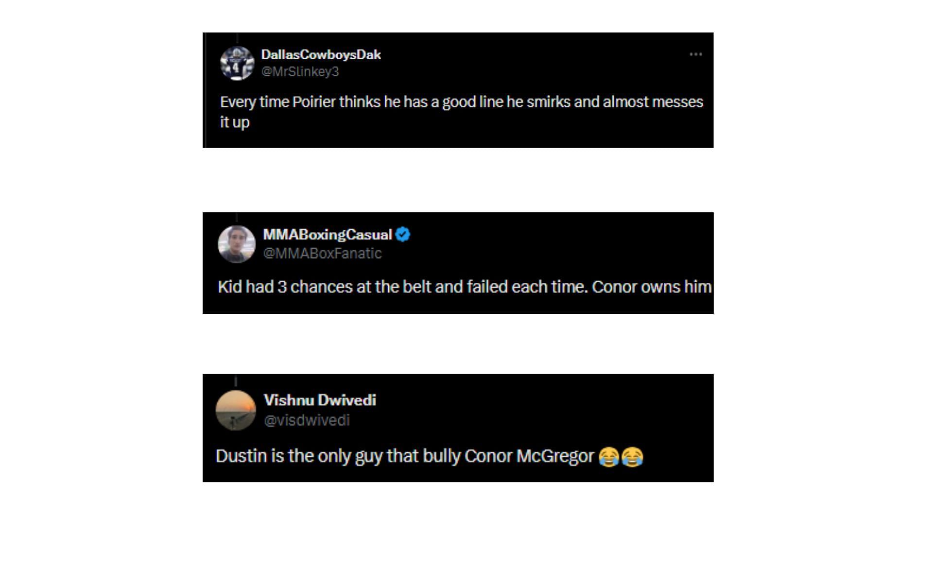 Fans reaction tweets regarding Poirier&#039;s comments about McGregor&#039;s return [Image courtesy: @ChampRDS - X]