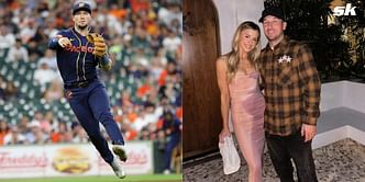 PHOTO: Astros star Alex Bregman's wife Reagan makes a fashion statement in cornflower blue suit accented with gold jewelry