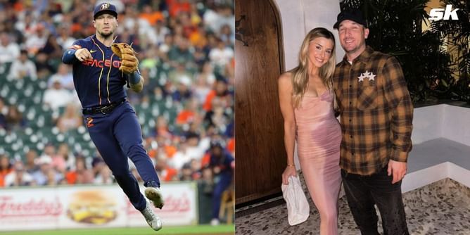 PHOTO: Astros star Alex Bregman's wife Reagan makes a fashion statement in cornflower blue suit accented with gold jewelry