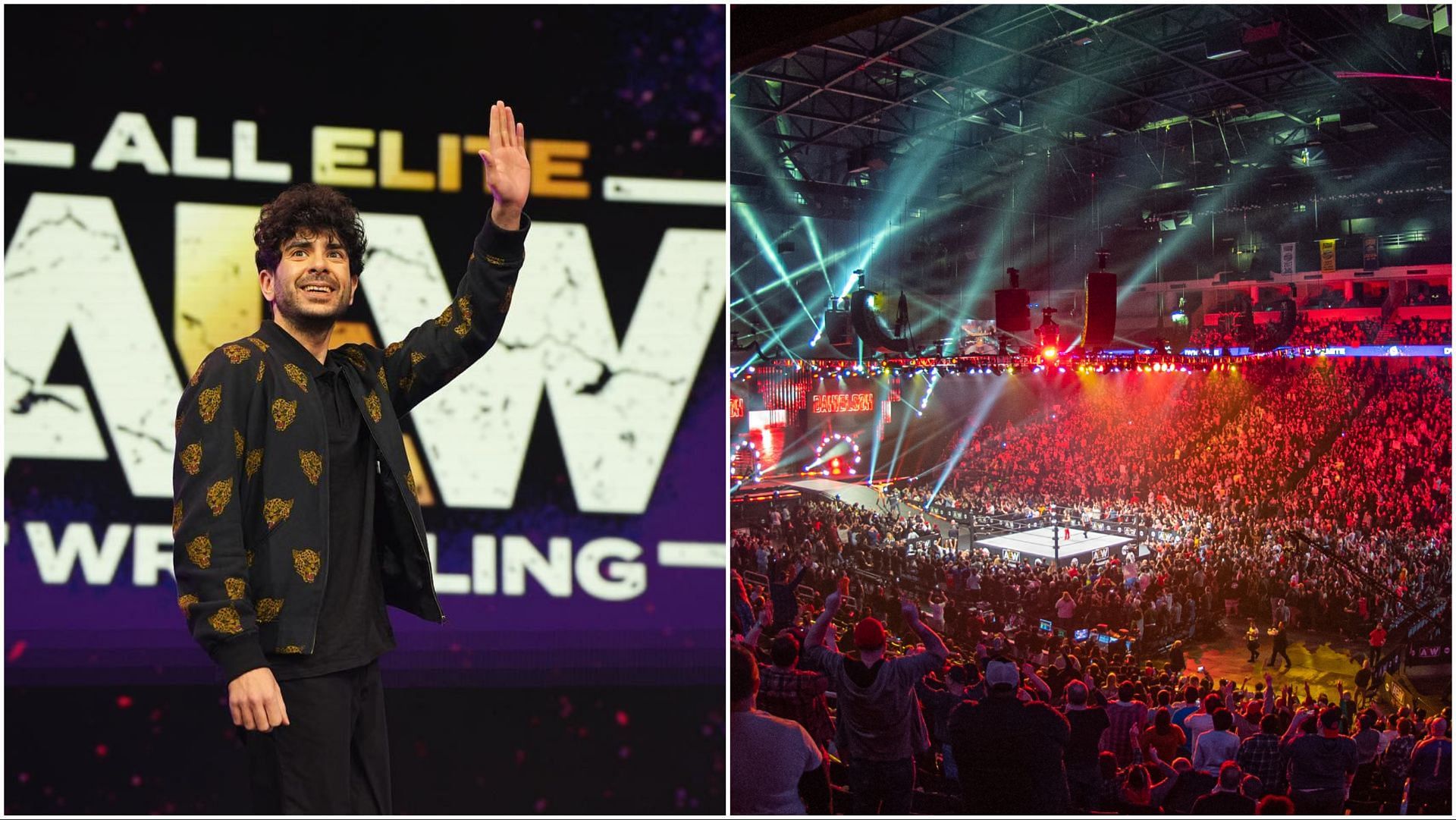 Tony Khan in front of the AEW logo, AEW fans pack local arena for Dynamite
