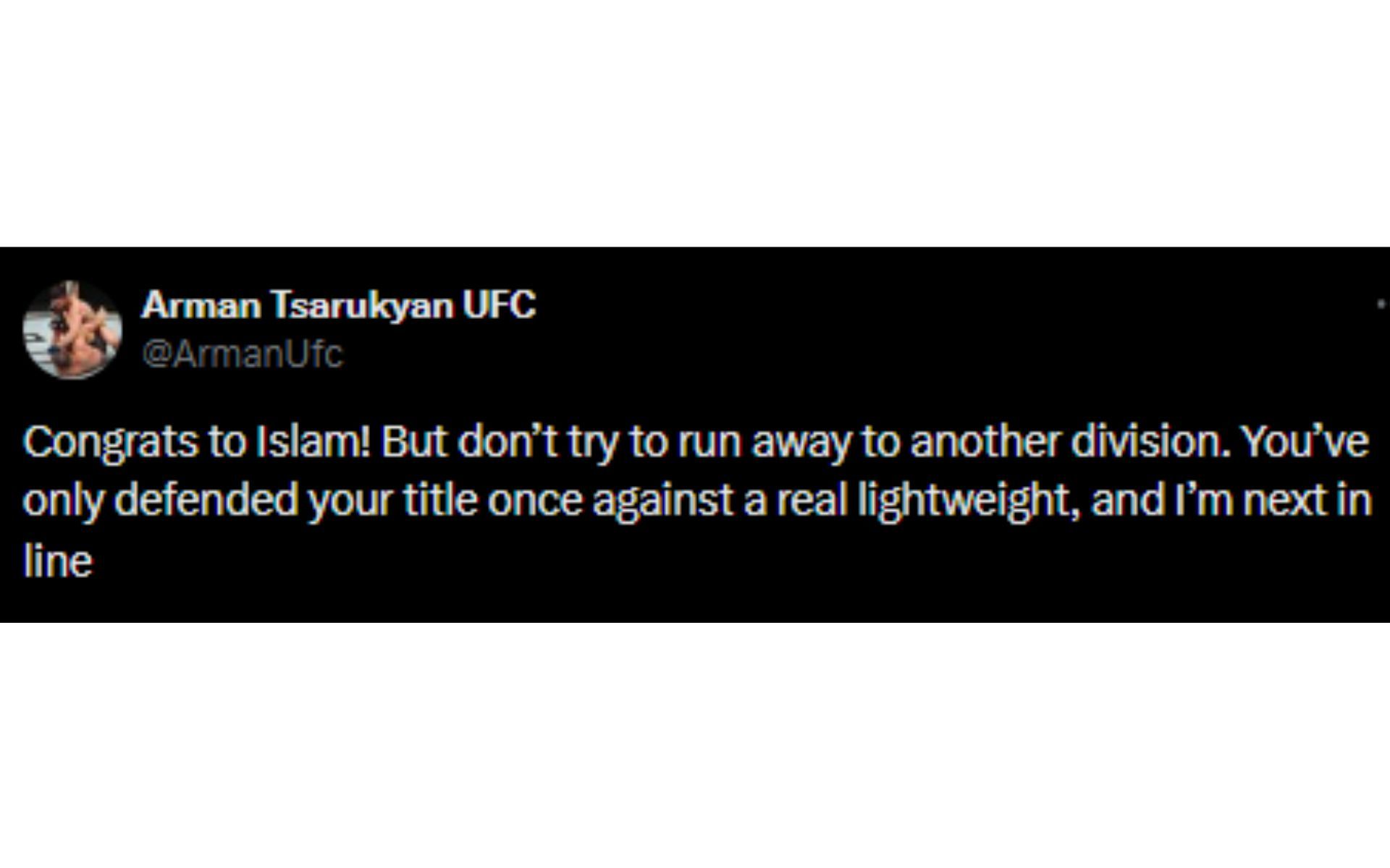 Tsarukyan's tweet regarding Makhachev [Image courtesy: @ArmanUfc - X]