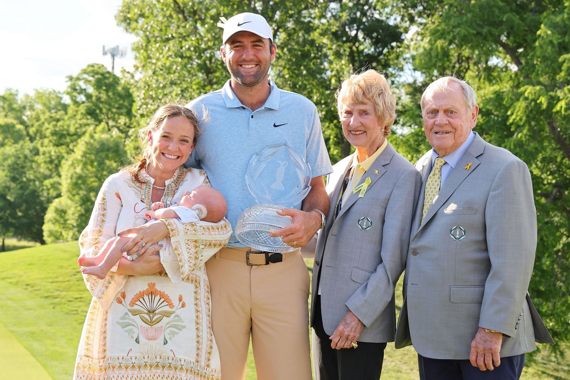 Scottie Scheffler, Jack Nicklaus and their respective wifes, Meredith Scheffler and Barbara Nicklaus, as well as Bennett Scheffler, Scottie and Meredith&#039;s son (Image via Getty).