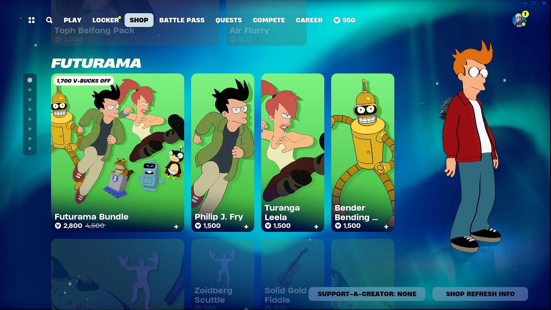 You can purchase Philip J. Fry, Turanga Leela, and Bender Bending Rodriguez (Futurama) skin in Fortnite (Image via Epic Games)