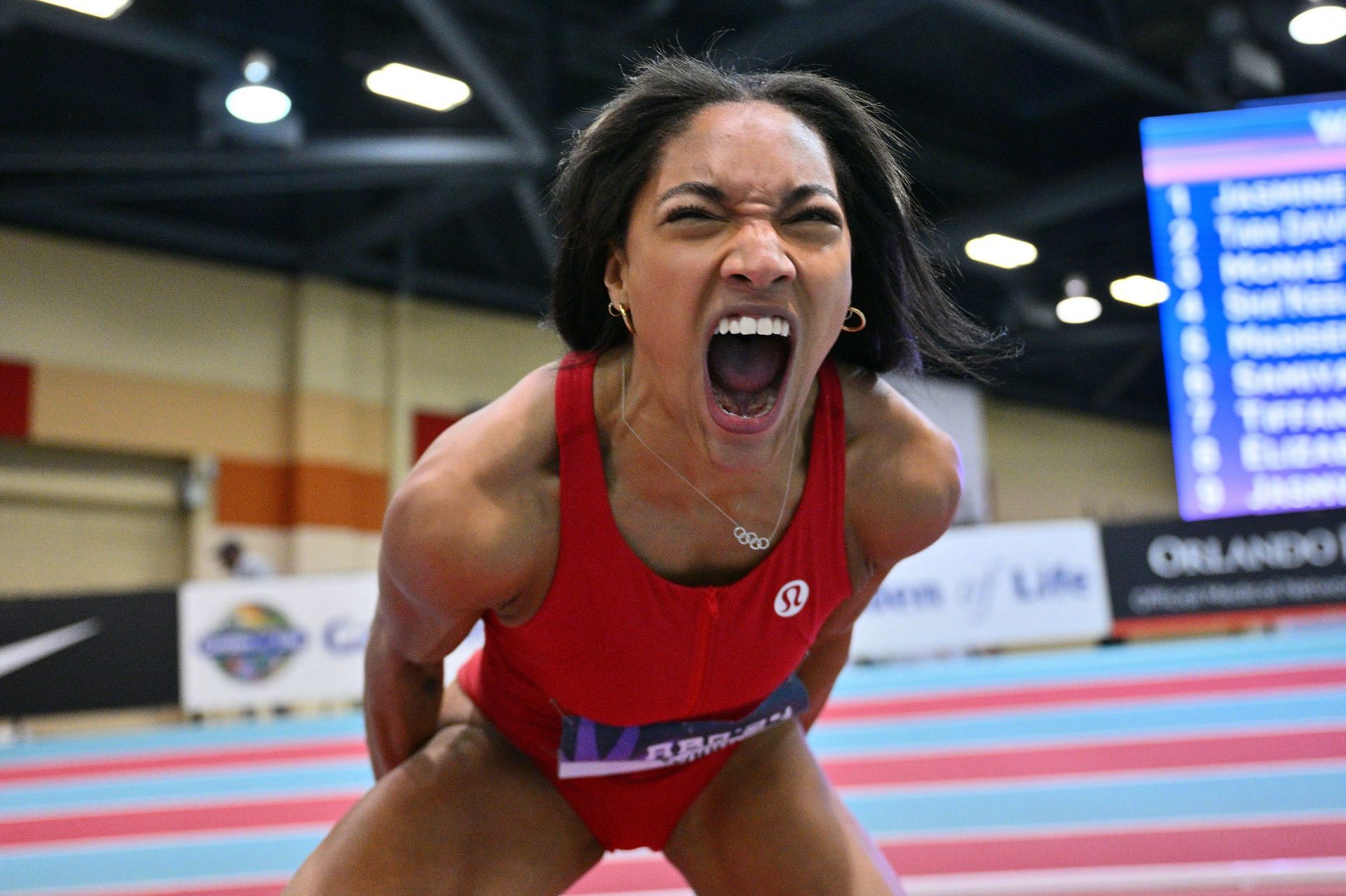 Tara Davis-Woodhall reacts after competing in the Women&#039;s Long Jump during the 2024 USATF Indoor Championships at the Albuquerque Convention Center in Albuquerque, New Mexico.