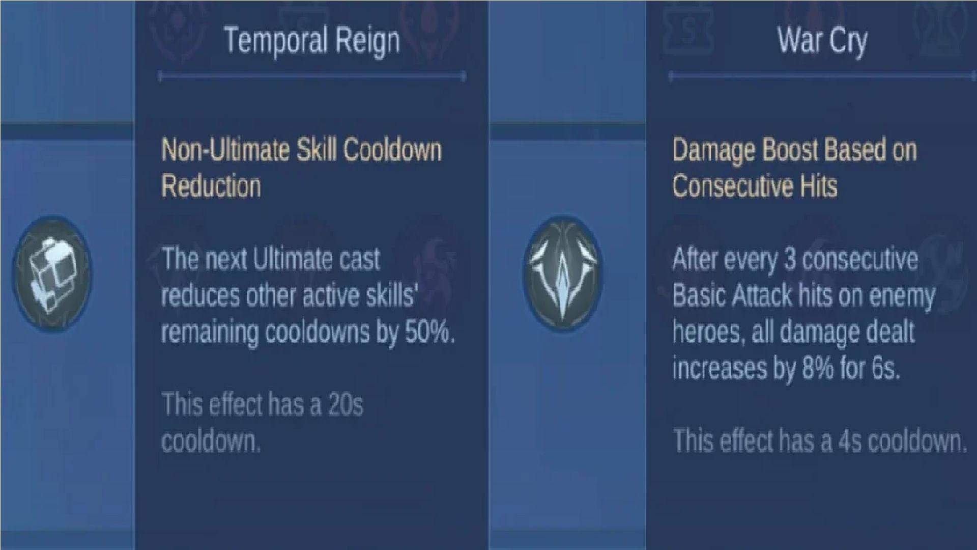 Temporal Reign and War Cry are some of the new Emblem talents (Image via Moonton Games)