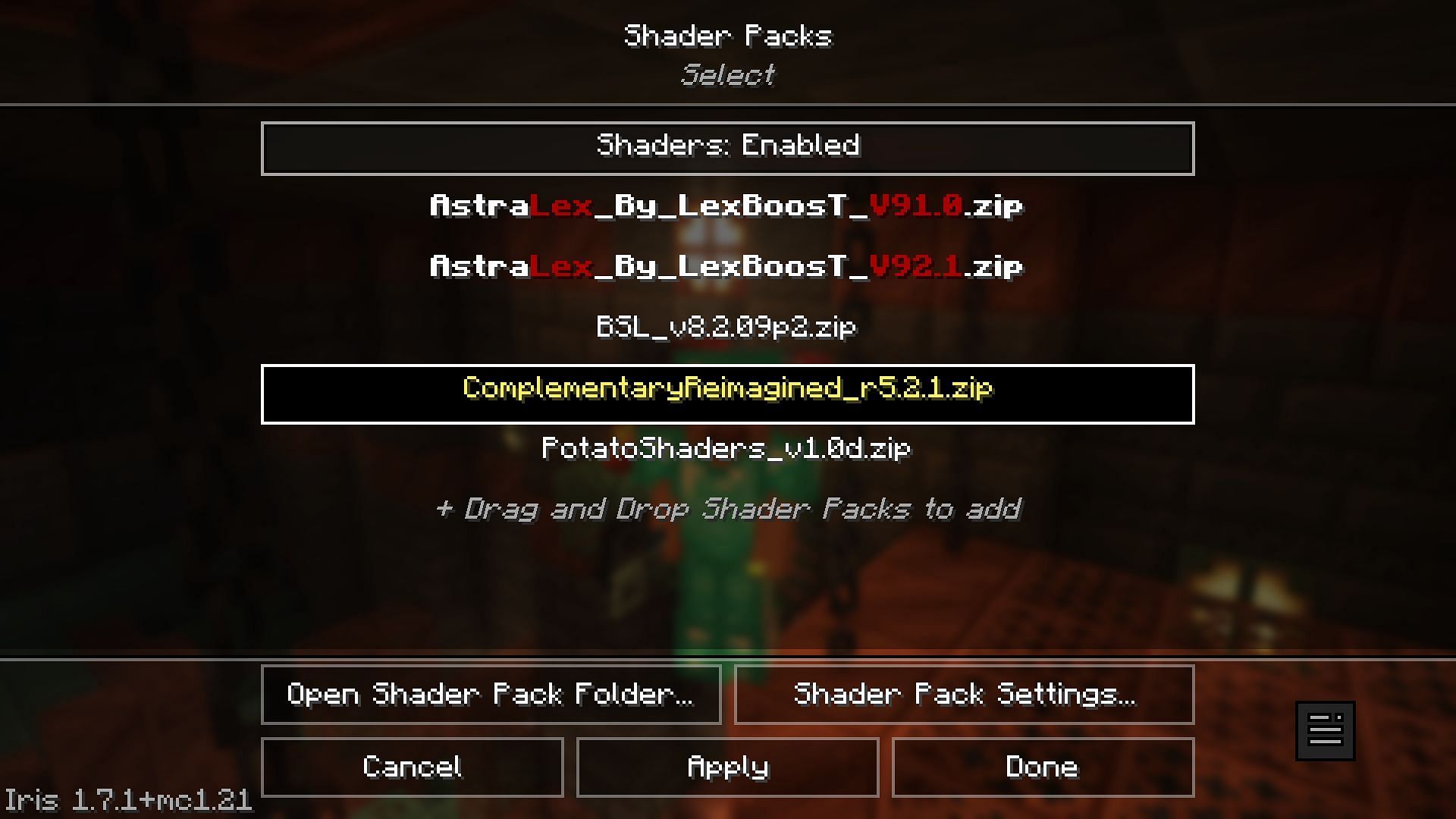 Shader selection screen (Image via Mojang)