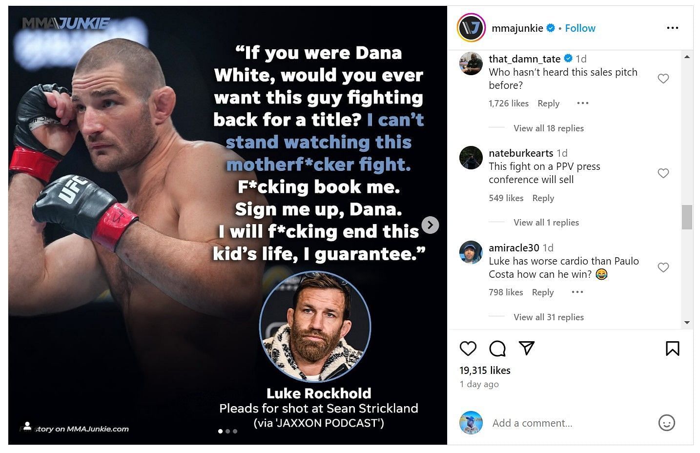 Brad Tate&#039;s comment on MMA Junkie&#039;s Instagram post