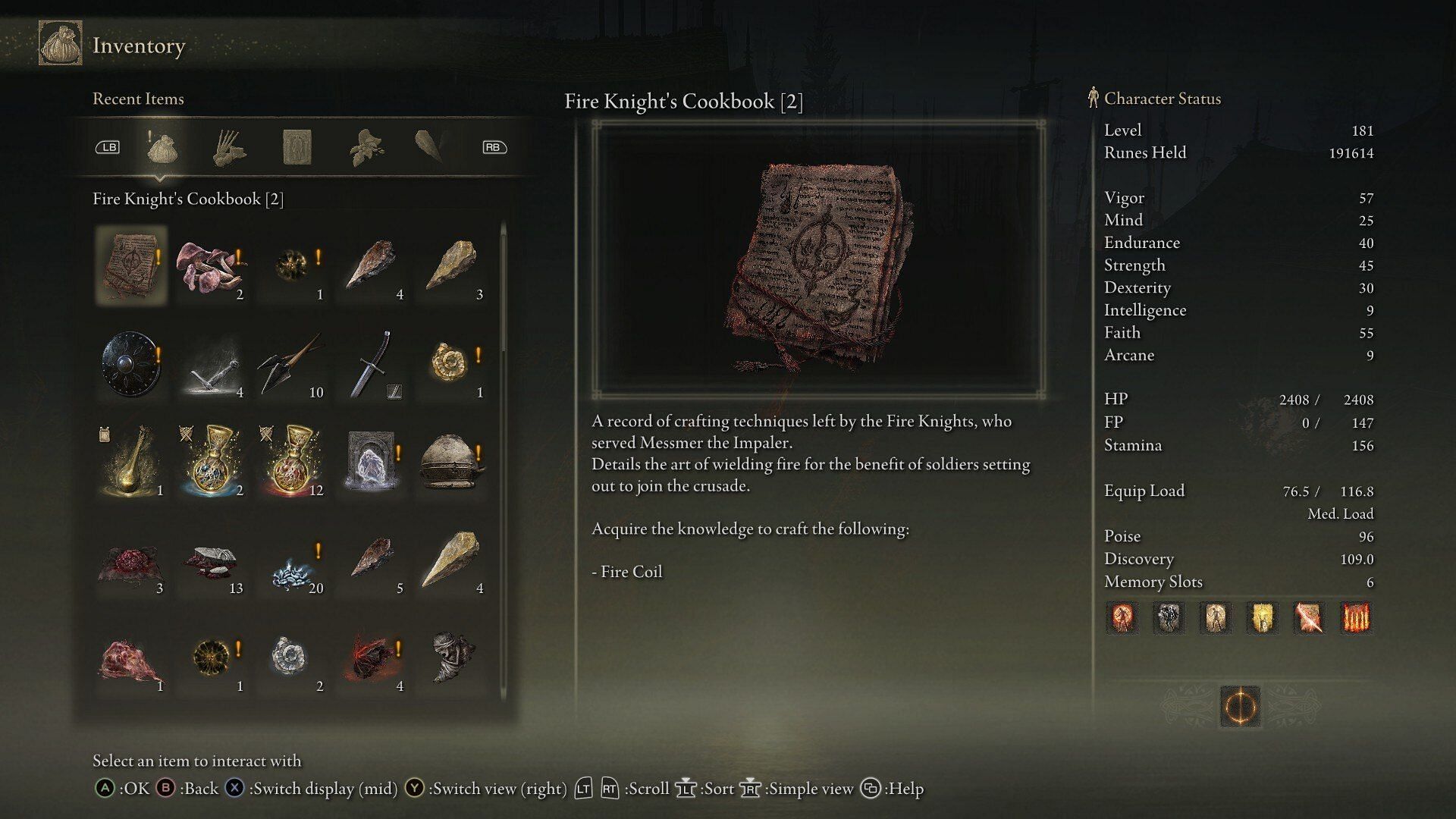 The Fire Knight&#039;s Cookbook in the inventory (Image via Bandai Namco Entertainment)