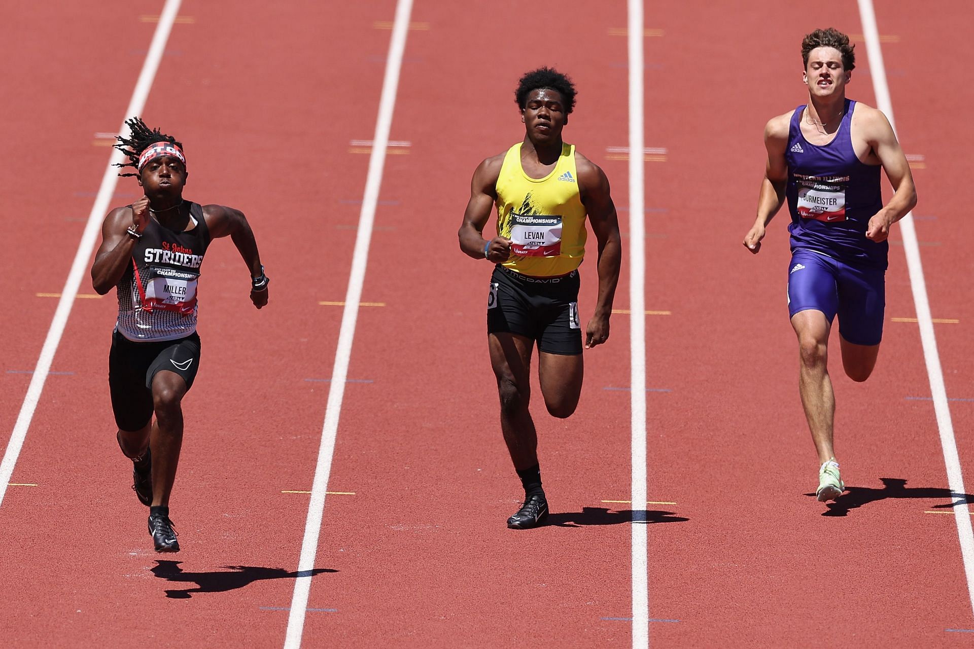 Christian Miller, Jazonte Levan and Lucas Burmeister compete in the Men&#039;s 100m U20 during the 2023 USATF U20 Outdoor Championships at Hayward Field on July 08, 2023 in Eugene, Oregon. (Photo by Christian Petersen/Getty Images)