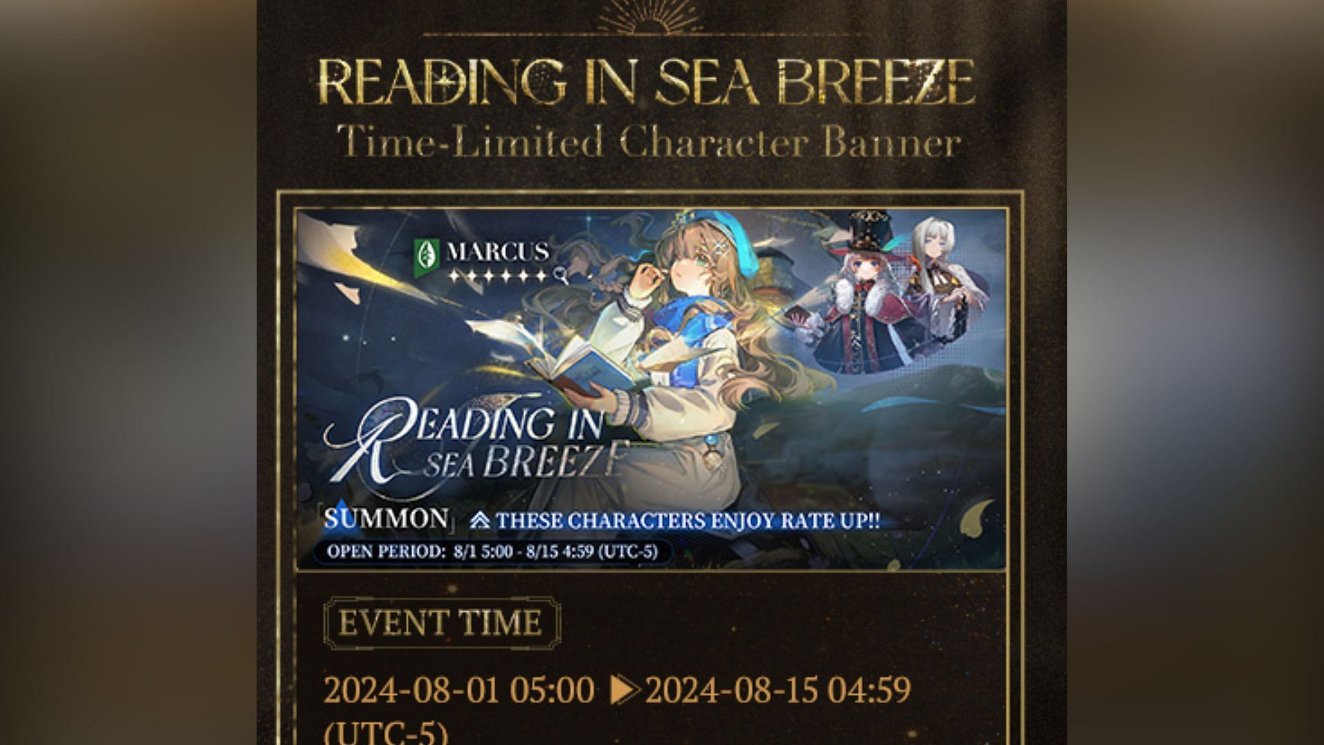 Timekeepers can summon a new 6-star Arcanist, Marcus, from the Reading in Sea Breeze banner. (Image via Bluepoch)