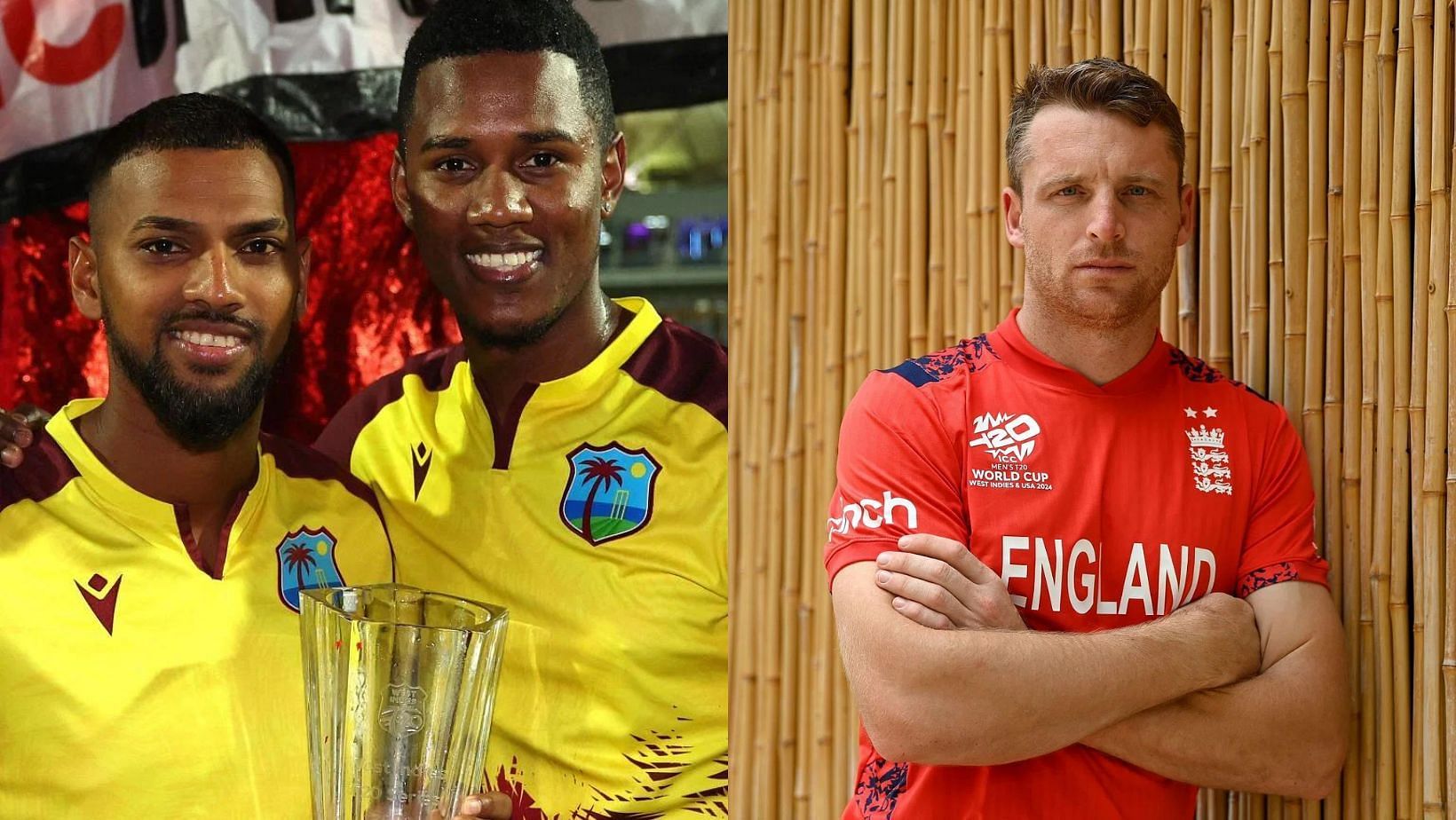 Nicholas Pooran, Akeal Hosein and Jos Buttler (R).