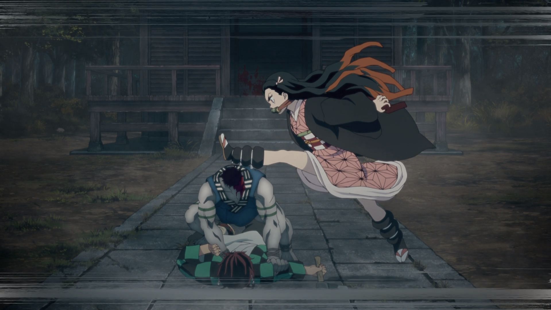 Nezuko kicking a demon&#039;s head off (Image via Ufotable)